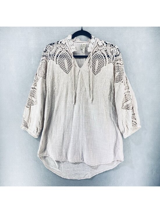 XCVI Tops - XCVI Top Womens M Blush Cotton Chambray Blouse Crochet Sleeve Boho Granola